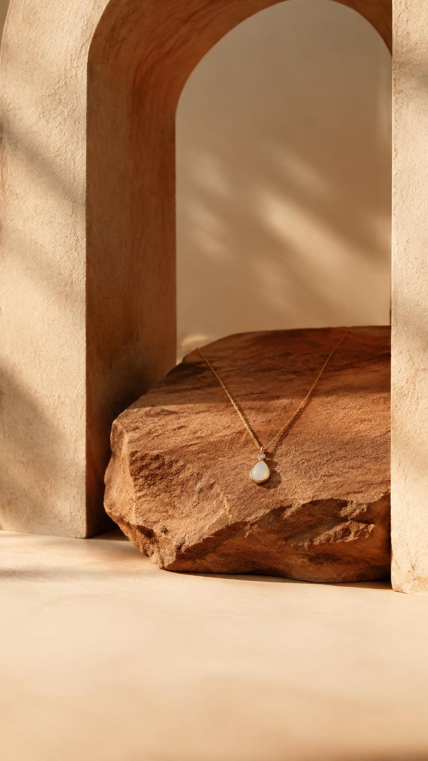 Fine necklace resting on sunlit sandstone beneath an arch